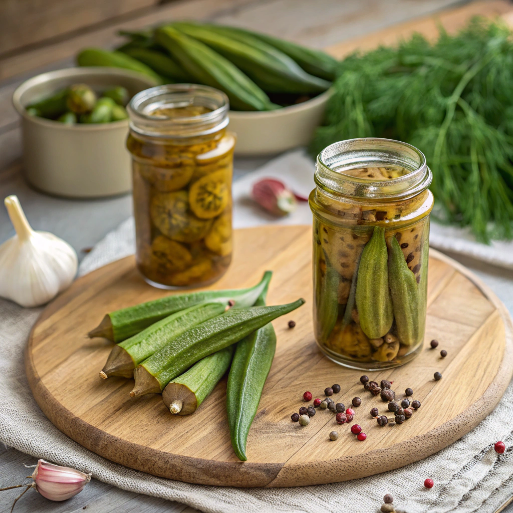 Fresh okra and homemade pickled okra in glass jars with herbs and spices