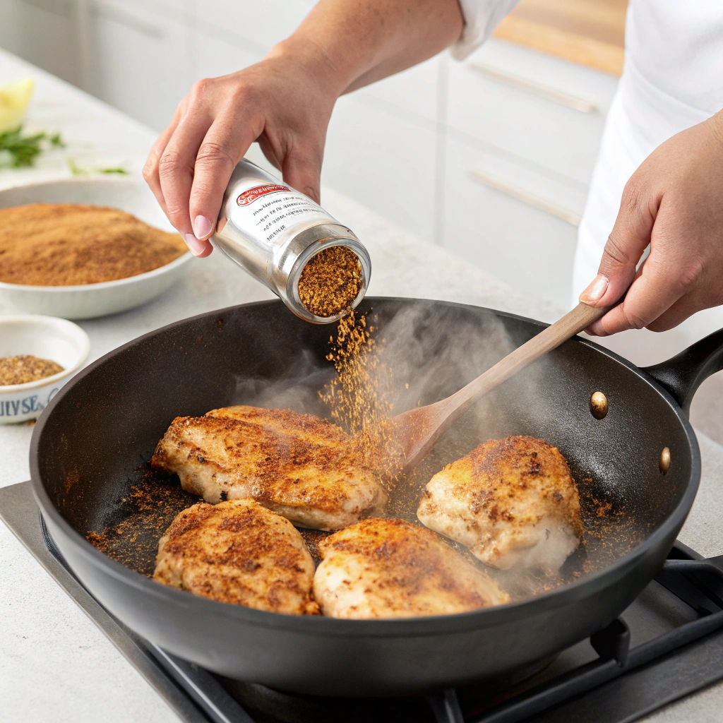 Cooking Cajun seasoned chicken for bowtie pasta Alfredo