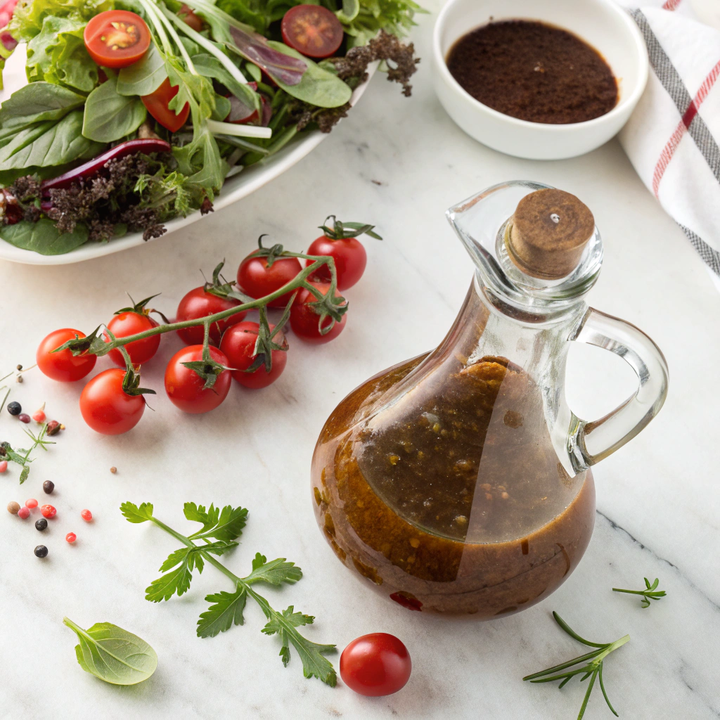 Homemade balsamic vinaigrette in glass bottle with fresh ingredients