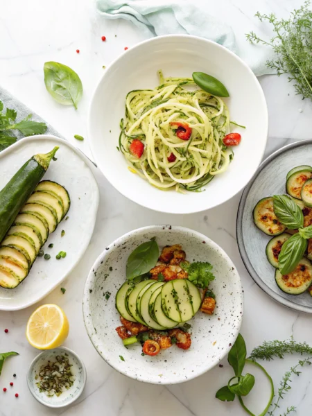 Assorted low carb zucchini recipes displayed on a white marble surface