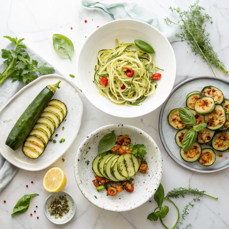 Assorted low carb zucchini recipes displayed on a white marble surface