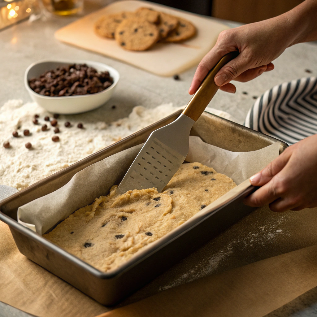 Pressing cookie dough into pan for no-bake bars