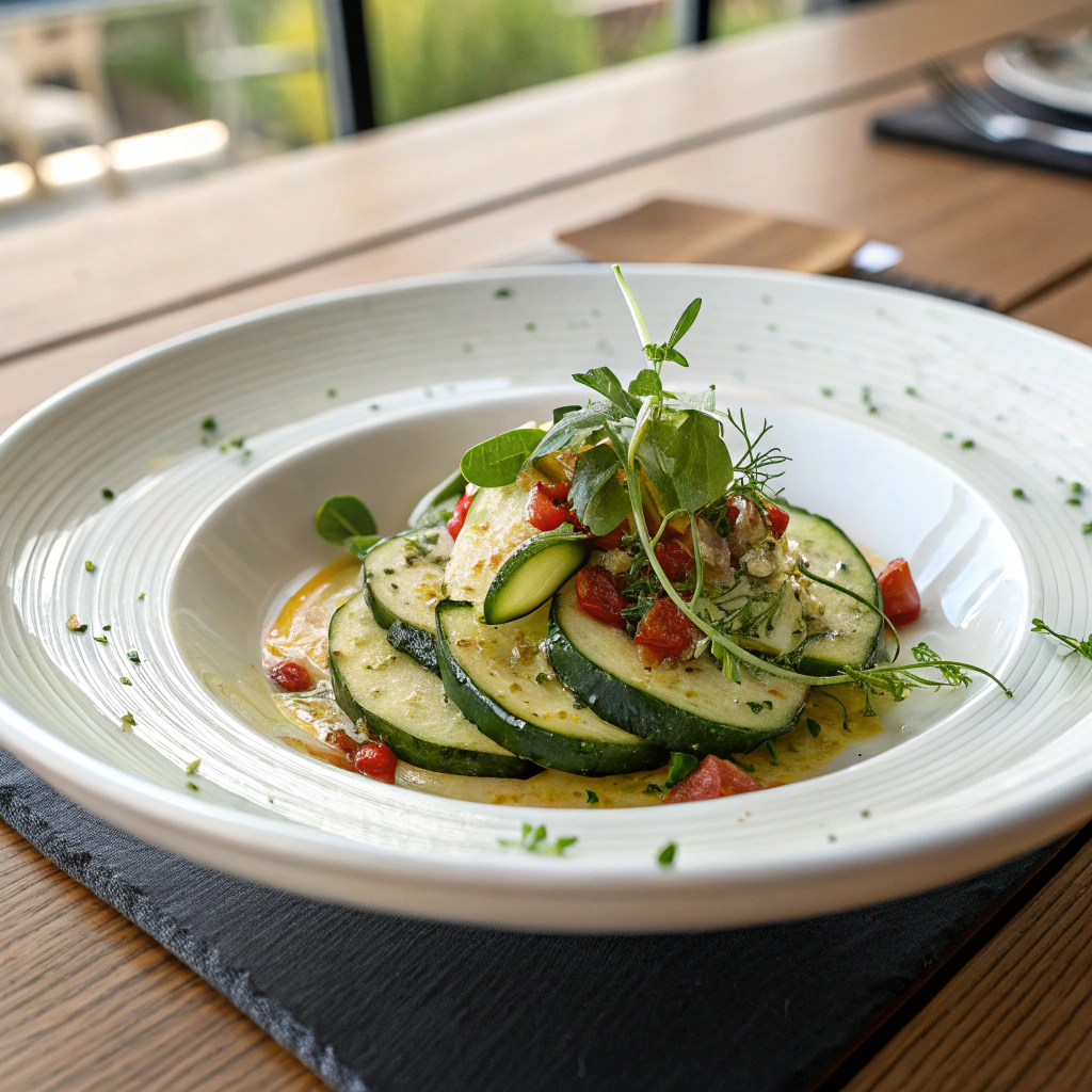 Finished low carb zucchini dish beautifully plated and ready to serve