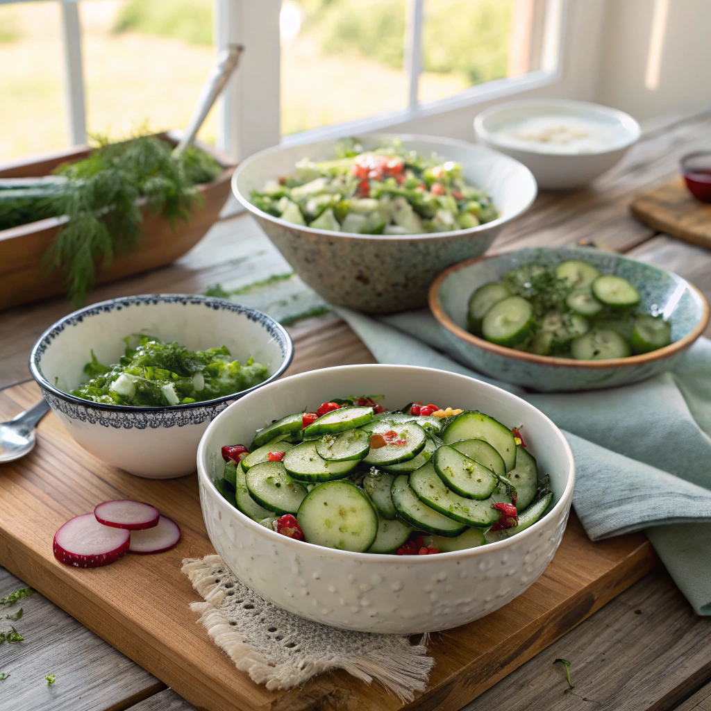 Different cucumber vinegar salad variations served together