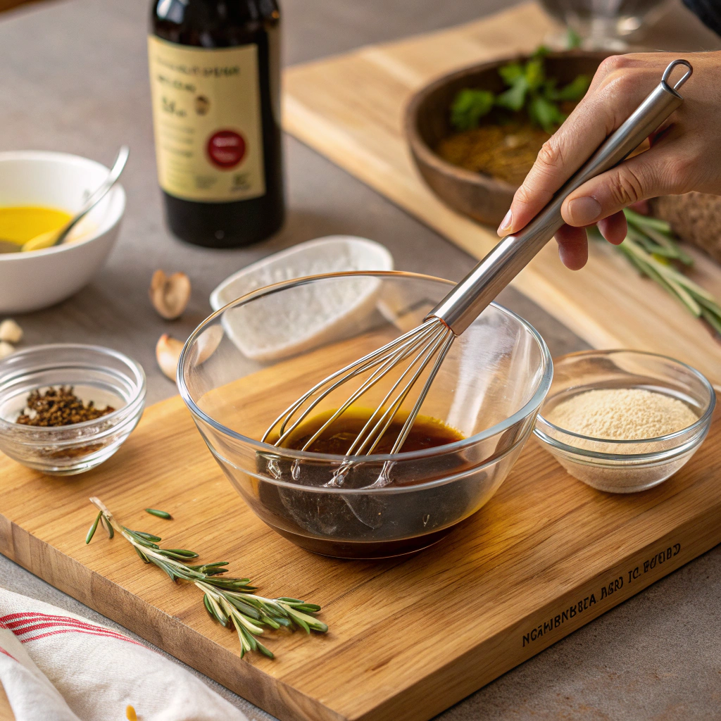 Making balsamic vinaigrette by whisking ingredients in a glass bowl