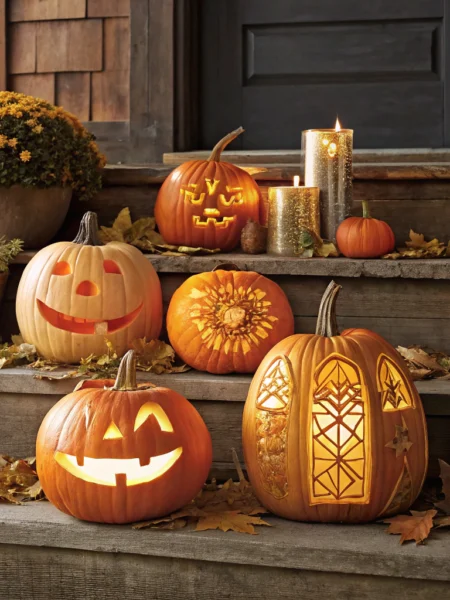 10 genius pumpkin carving ideas displayed on wooden steps with warm lighting