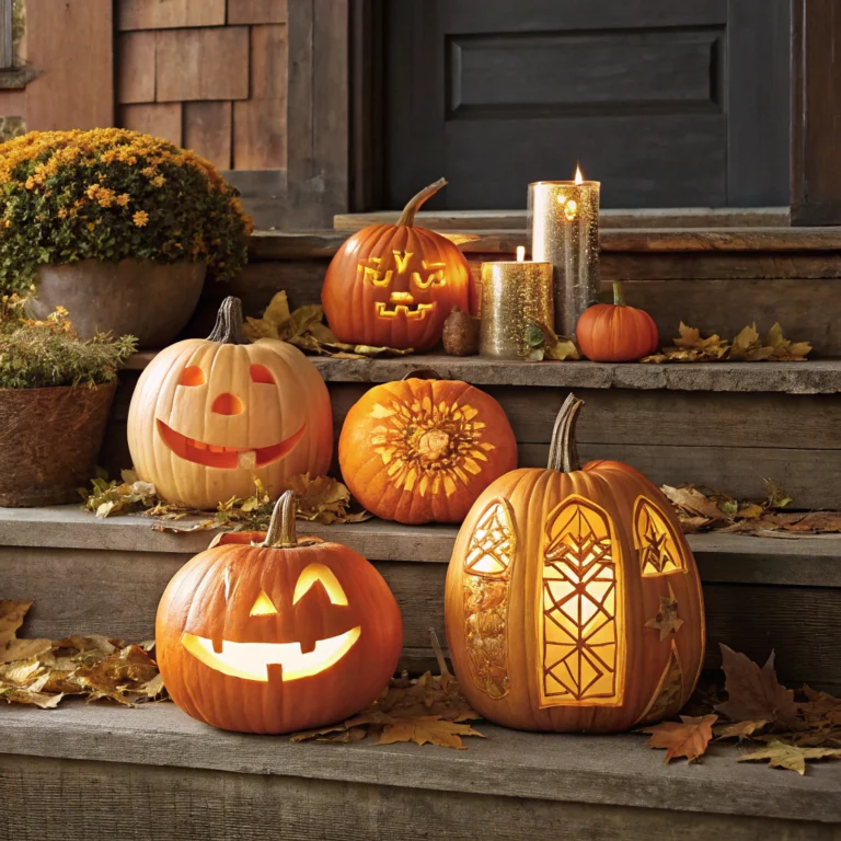 10 genius pumpkin carving ideas displayed on wooden steps with warm lighting