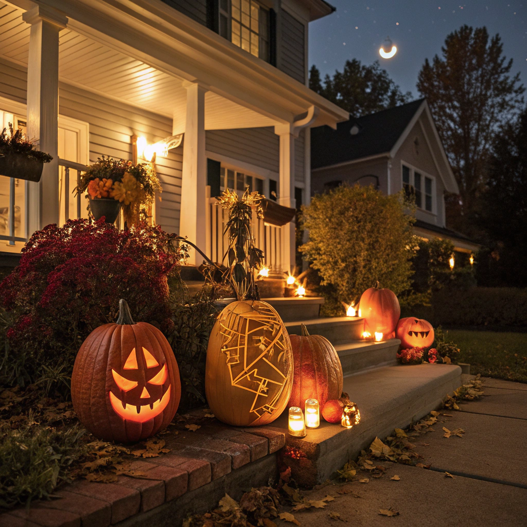 Genius pumpkin carving ideas illuminated and displayed on autumn porch