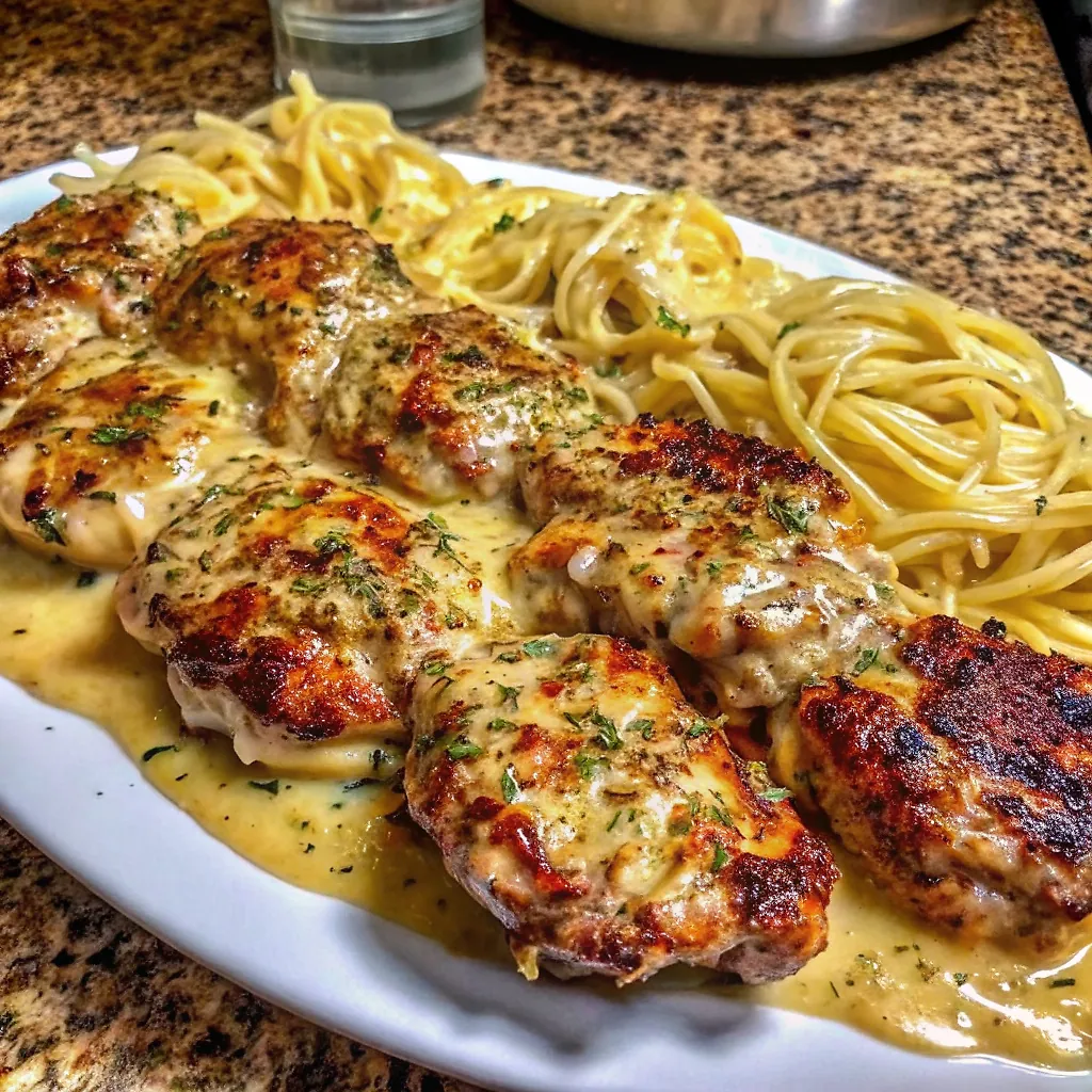 Garlic Butter Chicken Spaghetti Alfredo with Velveeta Cream