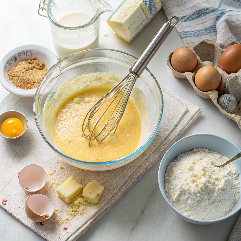 Chess pie ingredients being mixed for perfect custard filling