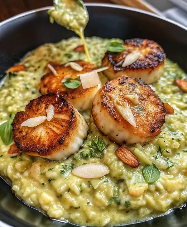 CREAMY BASIL RISOTTO WITH SEARED SEA SCALLOPS