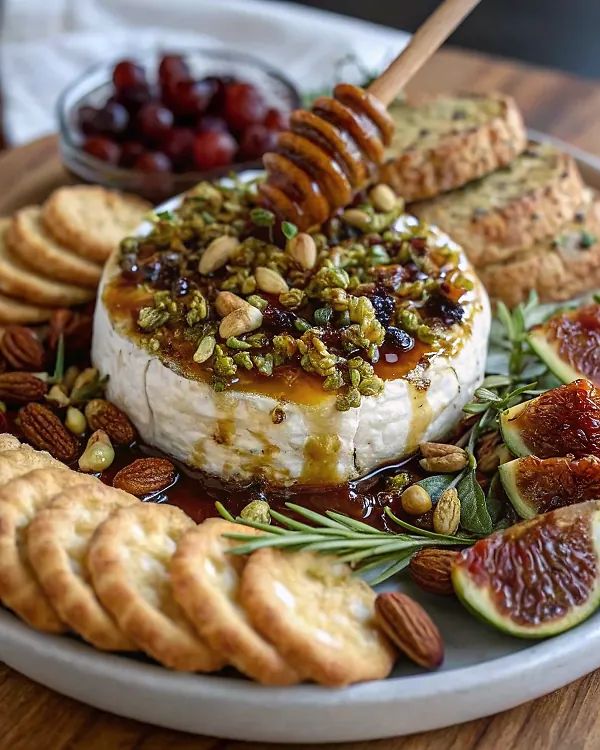 Finished Boursin appetizer with pistachios and honey beautifully plated and ready to serve