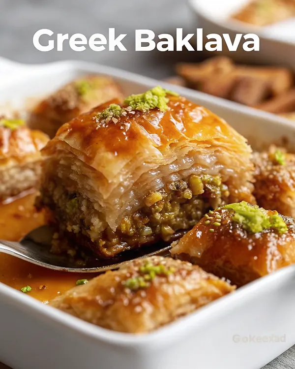 Golden layers of finished Greek baklava cut into perfect diamond shapes, drizzled with honey syrup and garnished with chopped pistachios