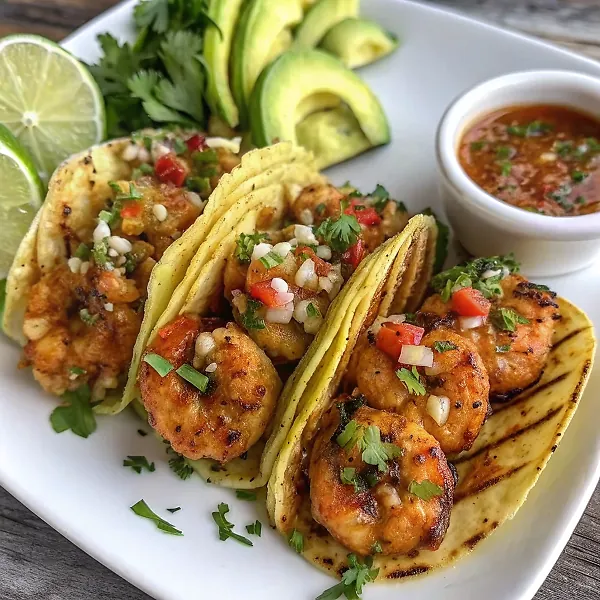 Beautifully plated spicy shrimp tacos with garlic cilantro lime slaw on white ceramic plates