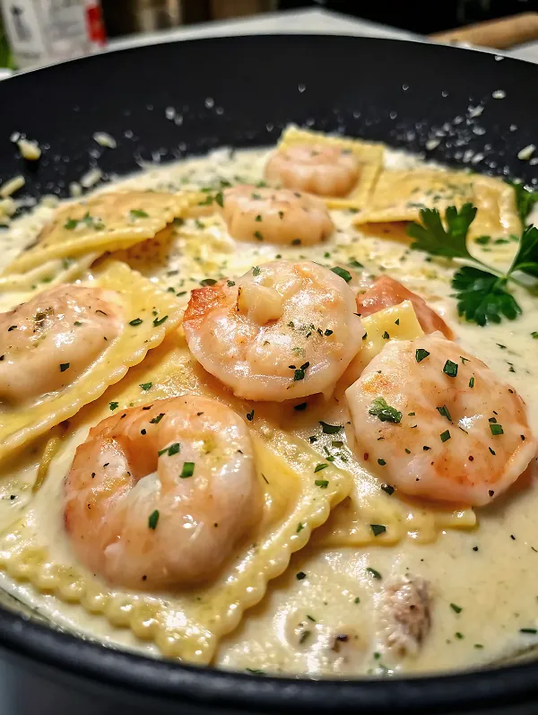 Beautifully plated creamy shrimp pasta with perfect garnish arrangement on elegant white plate