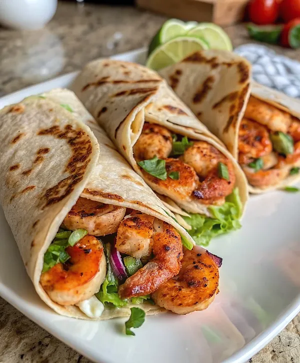 Beautifully plated shrimp wraps with chipotle yogurt sauce showing perfect color contrast and professional presentation