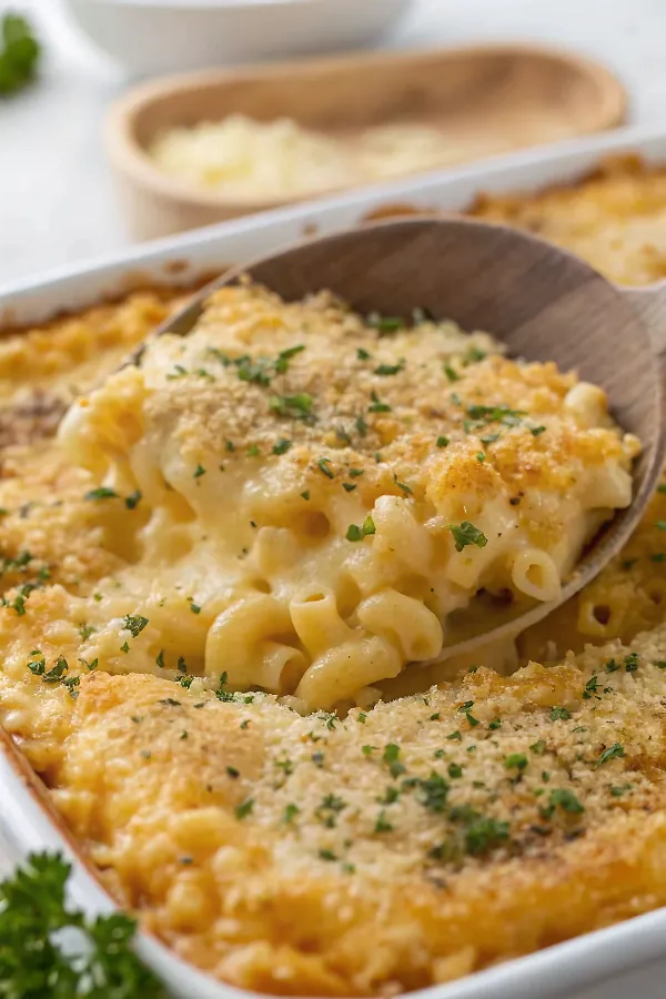 Finished Wisconsin Five-Cheese Bake in white baking dish showing golden-brown melted cheese top with perfect peaks and valleys, garnished with fresh parsley