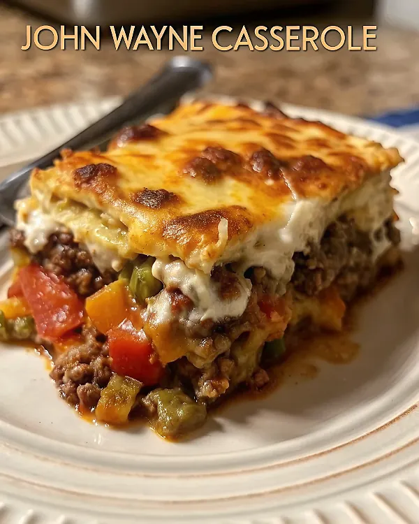 Perfectly baked John Wayne Casserole with golden bubbled cheese, vibrant red peppers, and fresh jalapeño accents showcasing professional presentation