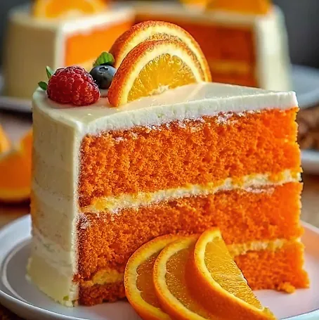 Stunning completed orange velvet cake with perfect cream cheese frosting and professional piping decoration on white cake stand