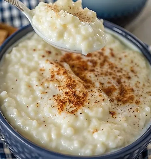Beautifully presented old-fashioned rice pudding in an elegant bowl with artistic cinnamon dusting and perfect creamy texture