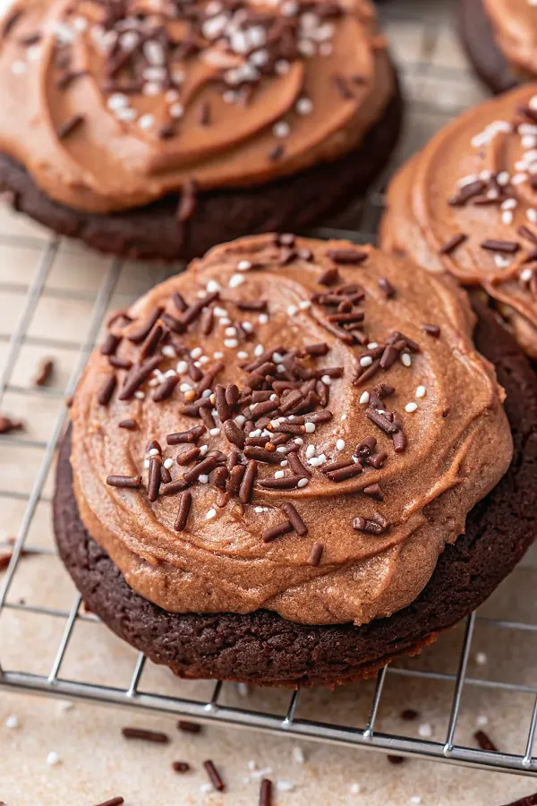 beautifully arranged chocolate frosted cookies with perfect swirled frosting and colorful sprinkles on elegant white serving platter
