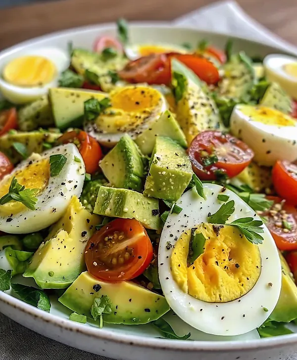 Beautiful finished avocado egg salad served elegantly on white plate with garnish
