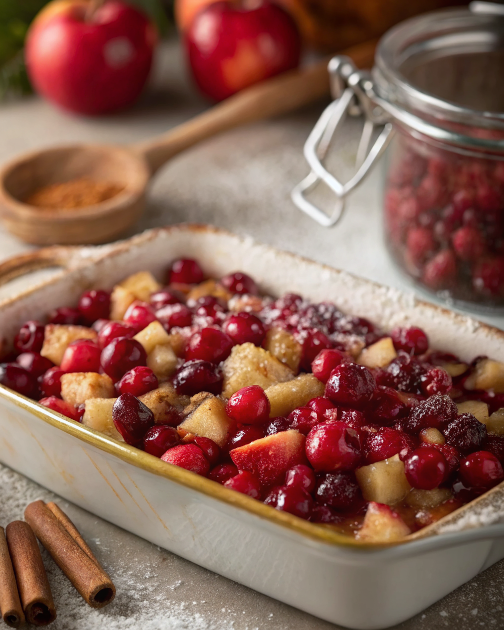 Finished 4-ingredient cranberry apple holiday casserole with golden bubbling top and burst cranberries