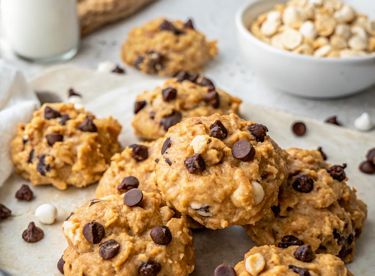 Finished avalanche cookies arranged on a white serving plate, topped with mini chocolate chips and flaky sea salt, showing their beautiful snowy appearance