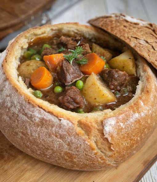 Finished beef stew in a bread bowl garnished with fresh parsley and pearl onions, served on a rustic wooden table setting