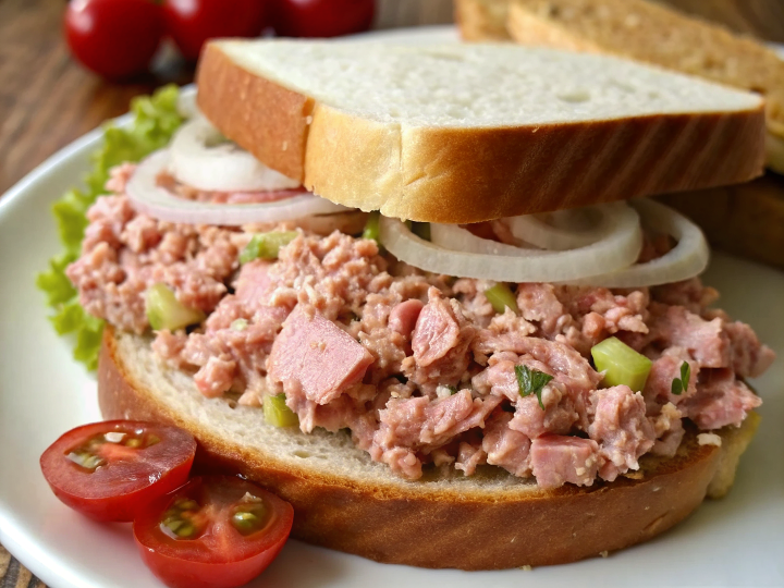 Beautifully presented bologna salad sandwich spread on artisanal crackers with garnish