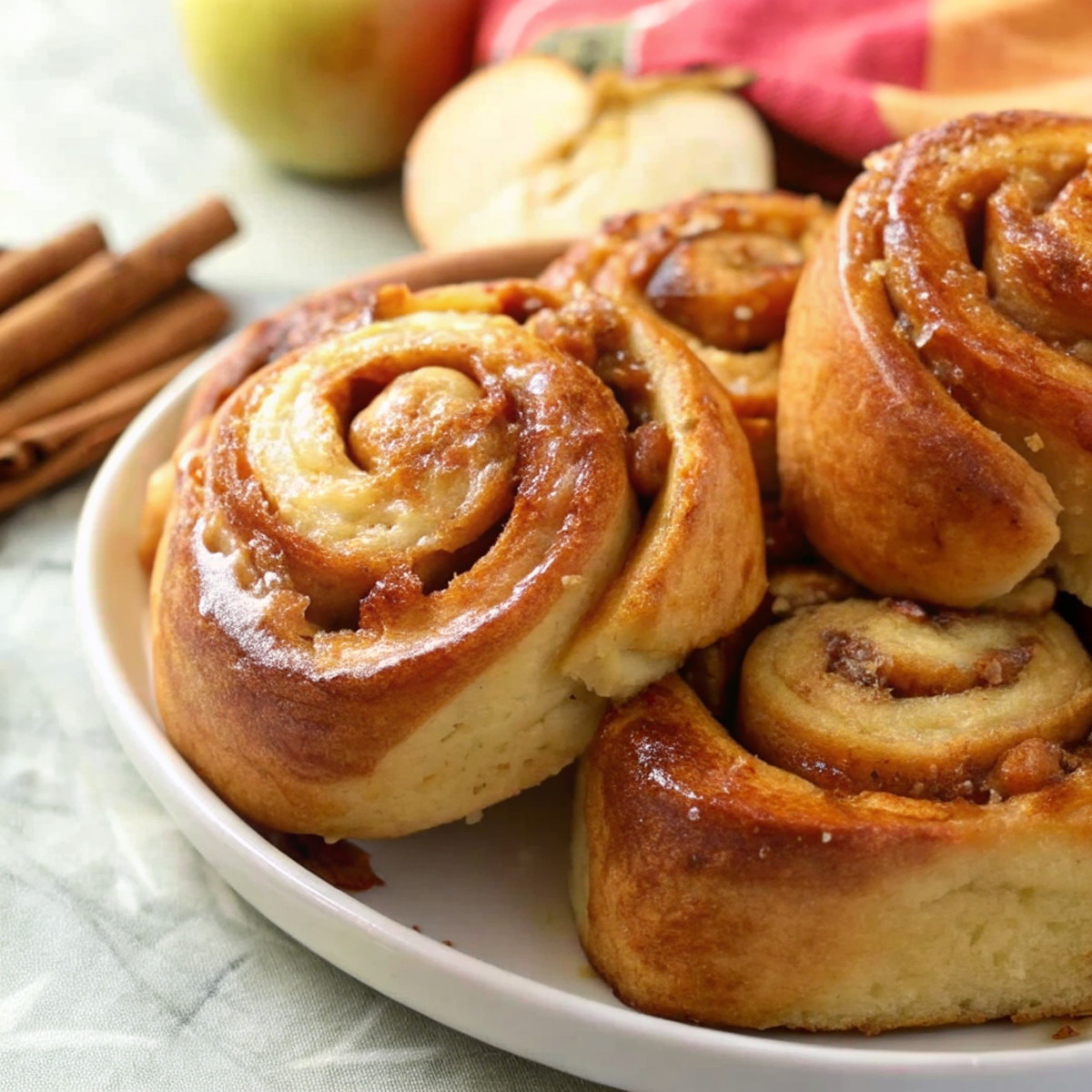 Golden brown brioche cinnamon rolls with apples fresh from the oven, glistening with honey glaze on a rustic wooden board