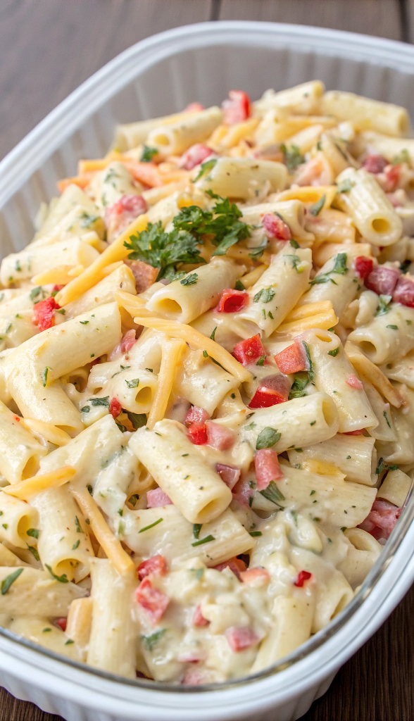 Finished cheddar and macaroni salad in a large serving bowl showing perfectly coated pasta with colorful vegetables and cheese cubes, ready to serve