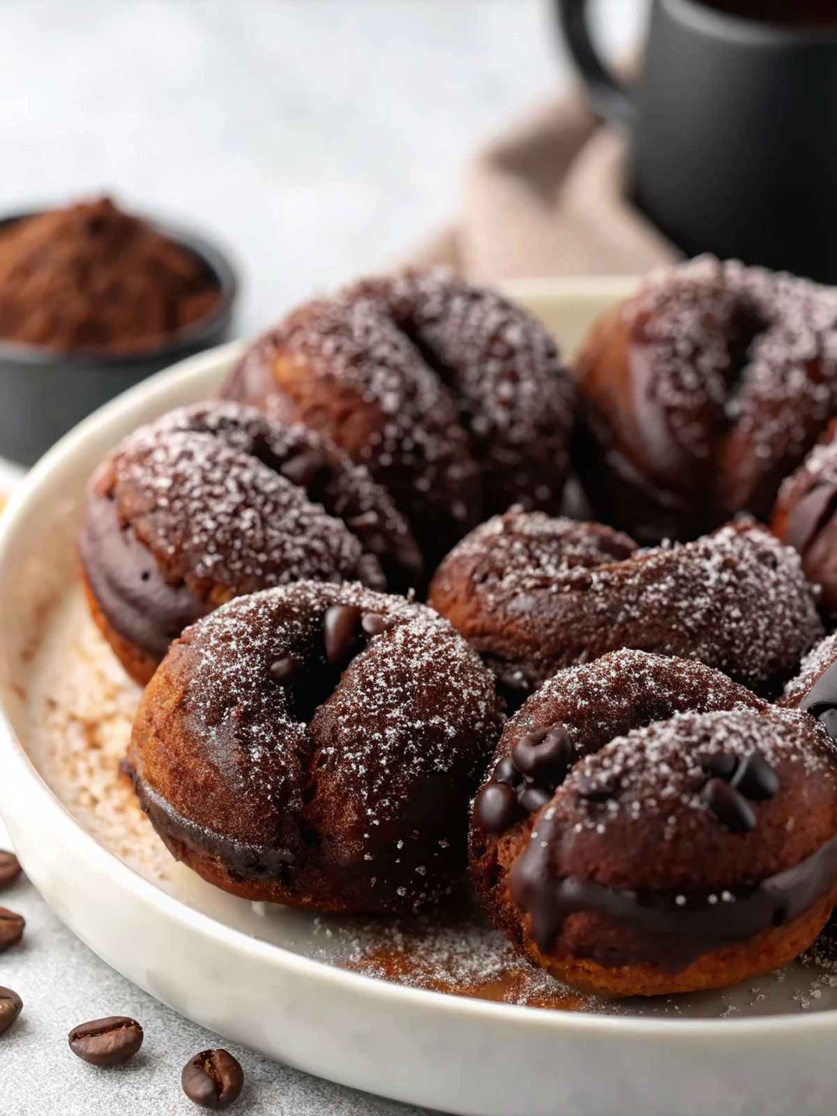 Finished chocolate brioche donuts with espresso sugar beautifully plated on white ceramic dishes with artistic presentation