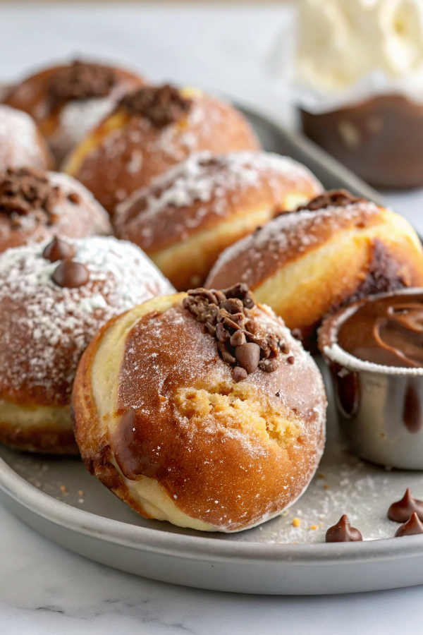 Finished chocolate filled donuts with golden brown exterior and rich chocolate ganache filling