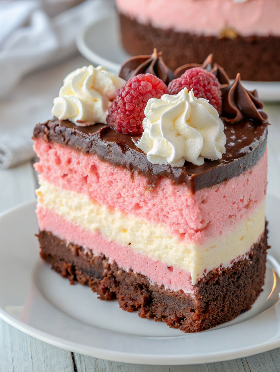 Finished chocolate raspberry mousse cake slice showing distinct layers of brownie, chocolate mousse, raspberry mousse, and vanilla mousse topped with ganache and fresh raspberries