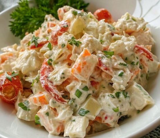 Beautifully plated creamy crab-style seafood salad garnished with fresh dill on white ceramic plate