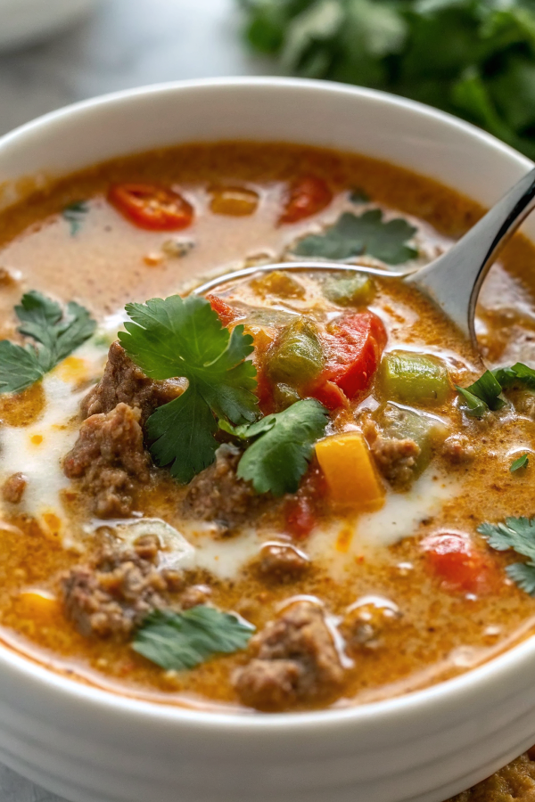 Bowl of creamy keto taco soup topped with avocado, cheese, and cilantro on a rustic wooden table
