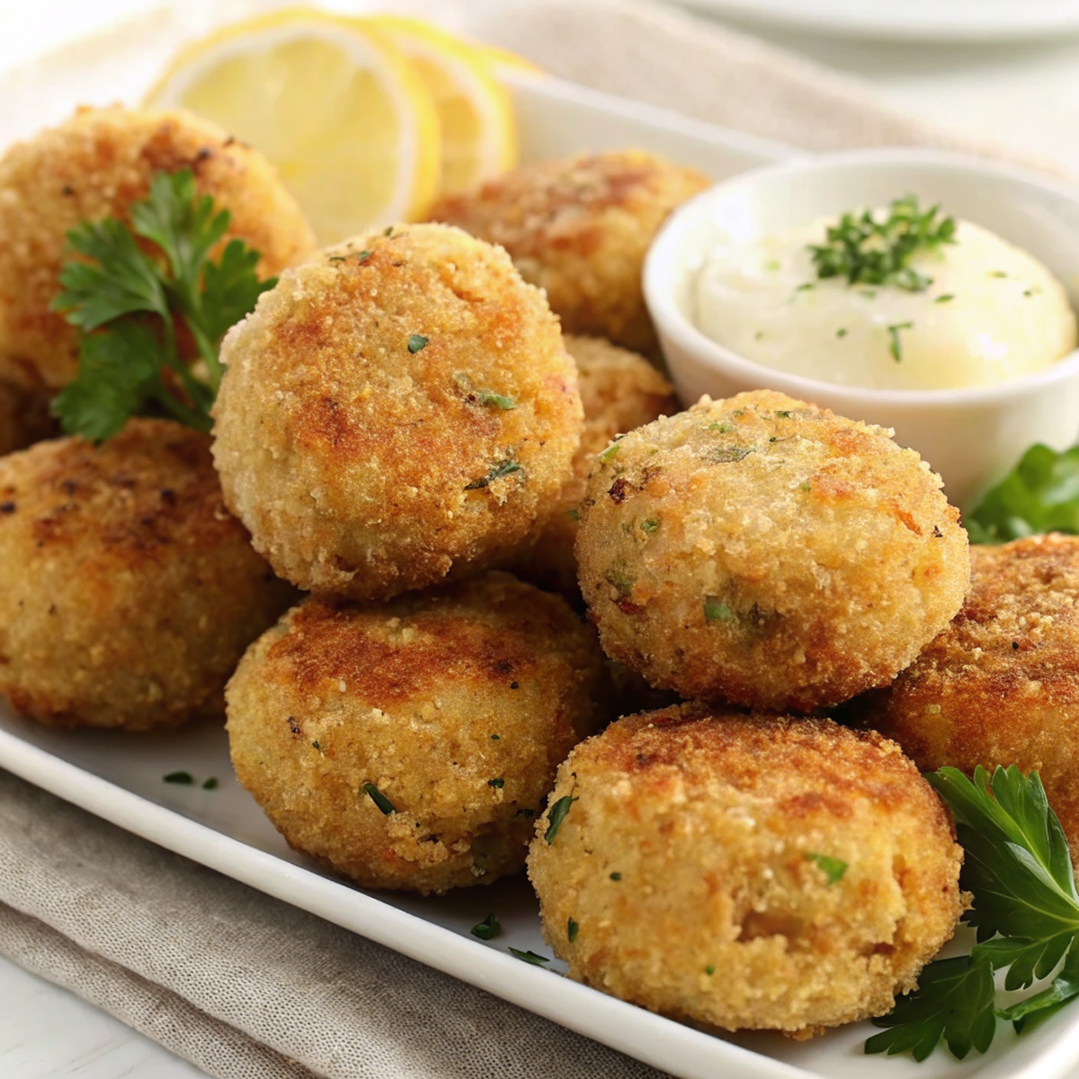 Golden brown crispy baked potato and cod croquettes arranged on a white serving platter with fresh lemon wedges and parsley garnish