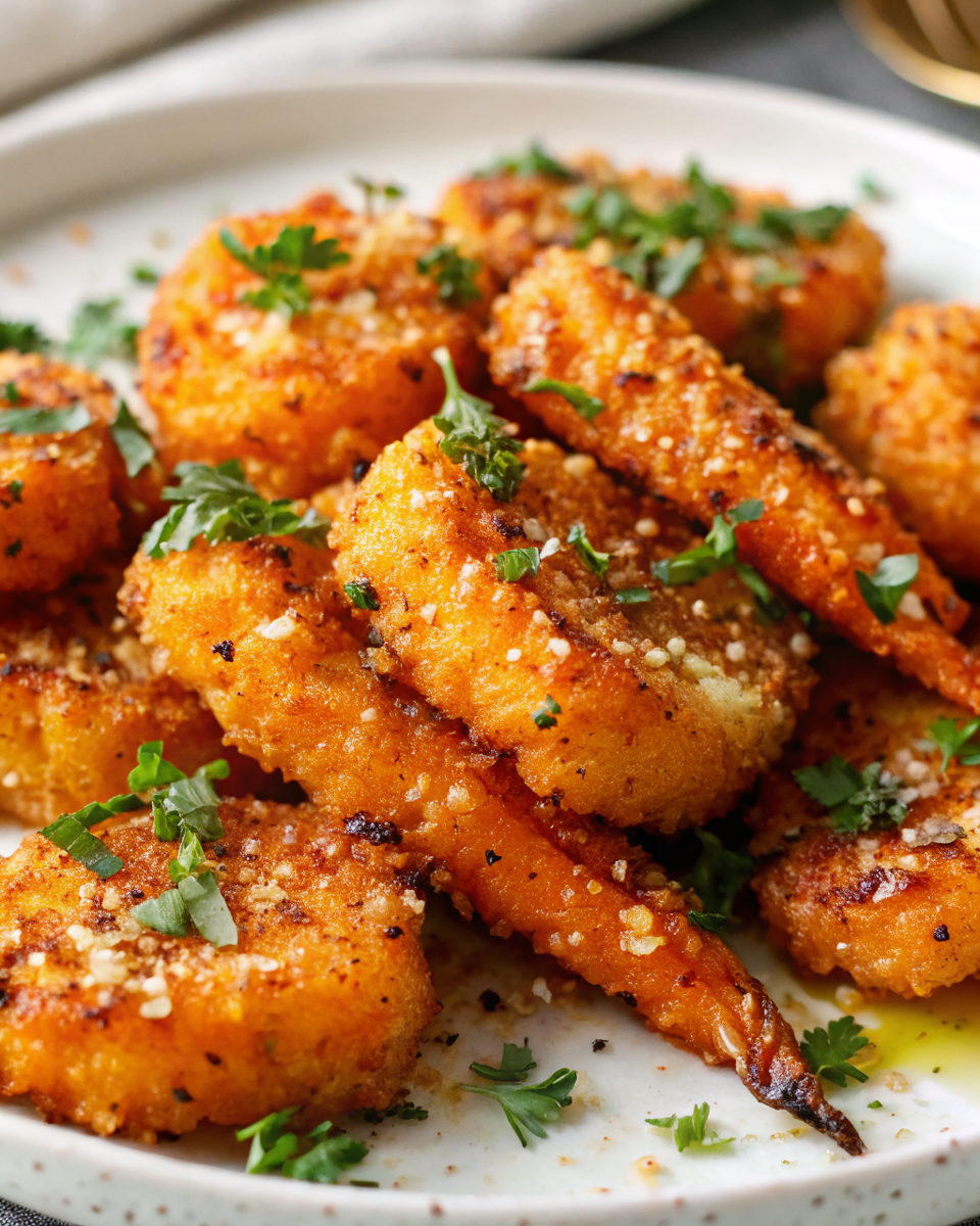 Golden crispy smashed carrots garnished with fresh parsley on a white serving platter