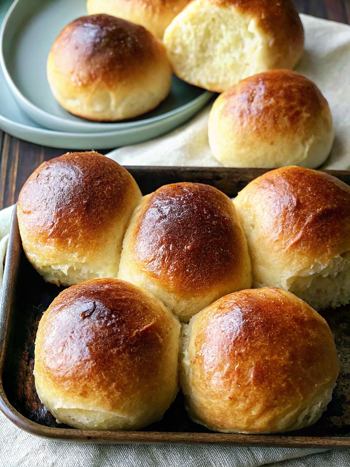 Finished Easy No-Knead Brioche Rolls That Melt in Your Mouth golden and glossy on serving board