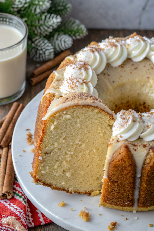 Beautiful finished eggnog cake on a serving plate, dusted with powdered sugar and glazed with butter rum sauce