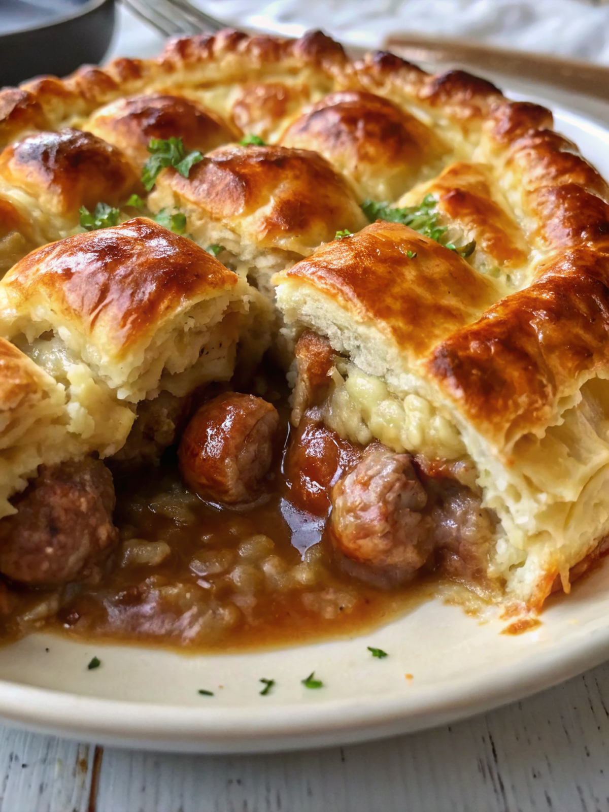 Golden-brown Hairy Bikers Cumberland Sausage Pie with flaky pastry crust, ready to serve with steam rising from fresh cuts