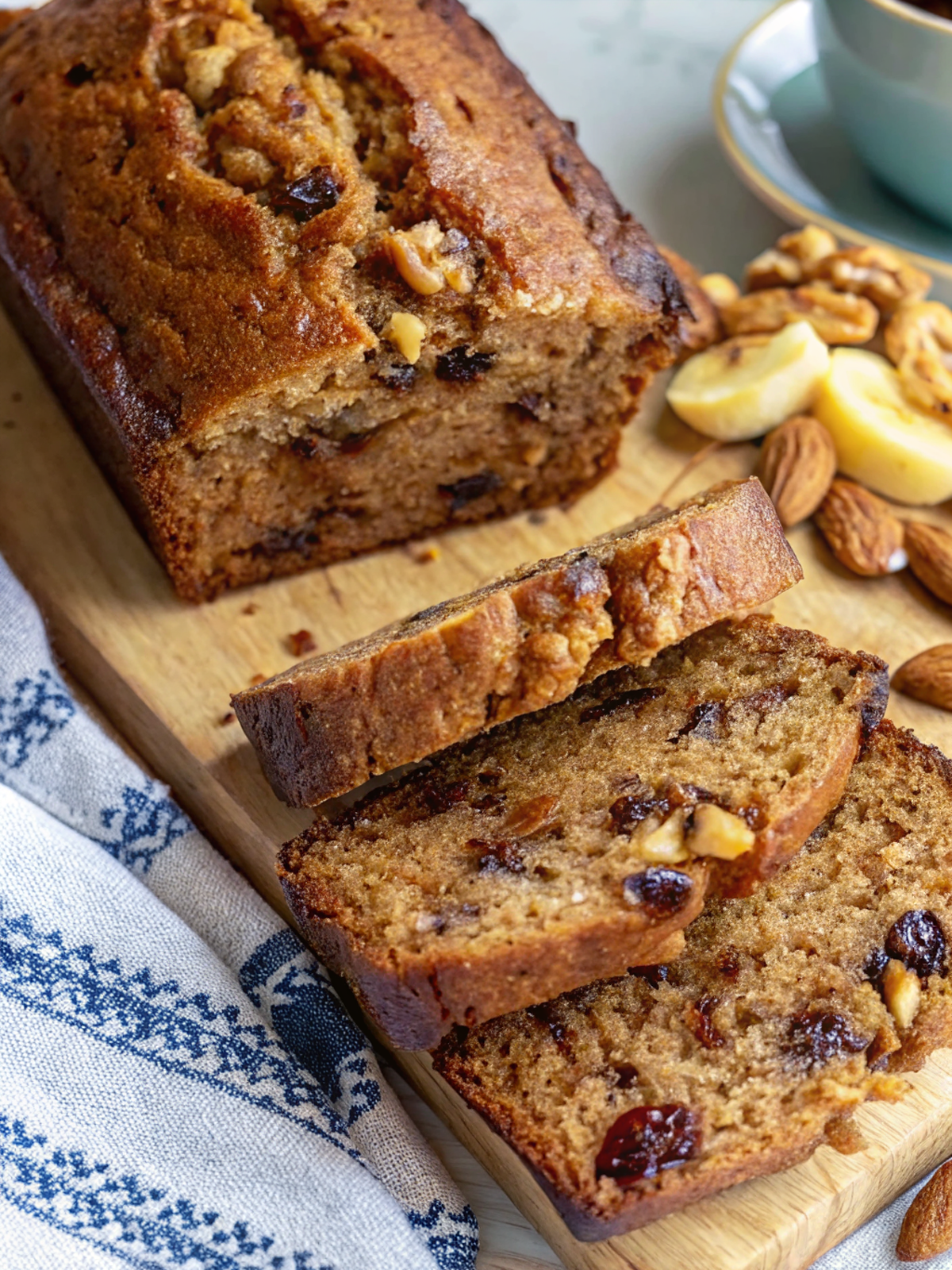 Sliced irresistible date nut bread on a wooden cutting board showing perfect texture with visible dates and nuts throughout