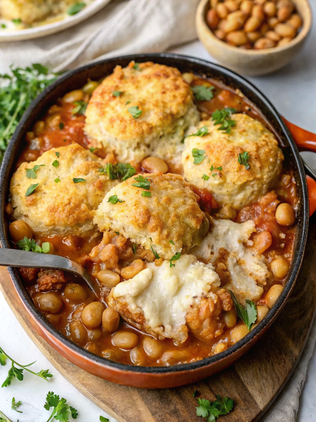 Finished Italian Chicken Cobbler with Cannellini Beans and Parmesan Biscuits served in a rustic skillet with golden biscuits on top