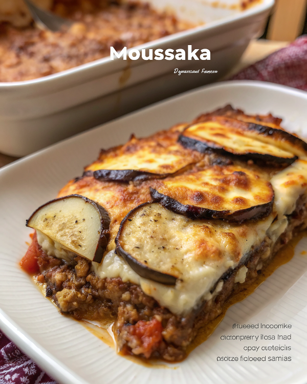 Golden brown baked moussaka with perfectly layered eggplant, meat sauce and creamy bechamel sauce, sliced and ready to serve
