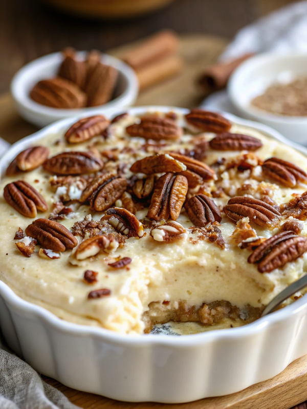 Finished no bake pecan pie dip in a pie dish with apple slices and graham crackers arranged around it, ready to serve