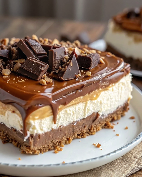 Finished No-Bake Twix Cheesecake slice on white plate showing layers of cookie crust, creamy filling, caramel, and chocolate ganache topped with Twix pieces