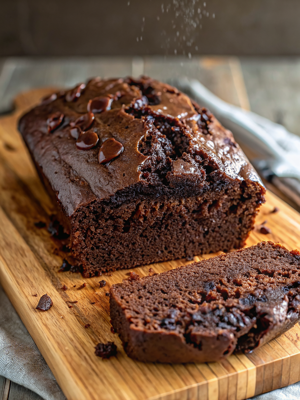 Finished quick homemade chocolate bread with glossy ganache drizzle, sliced to show rich chocolate crumb structure