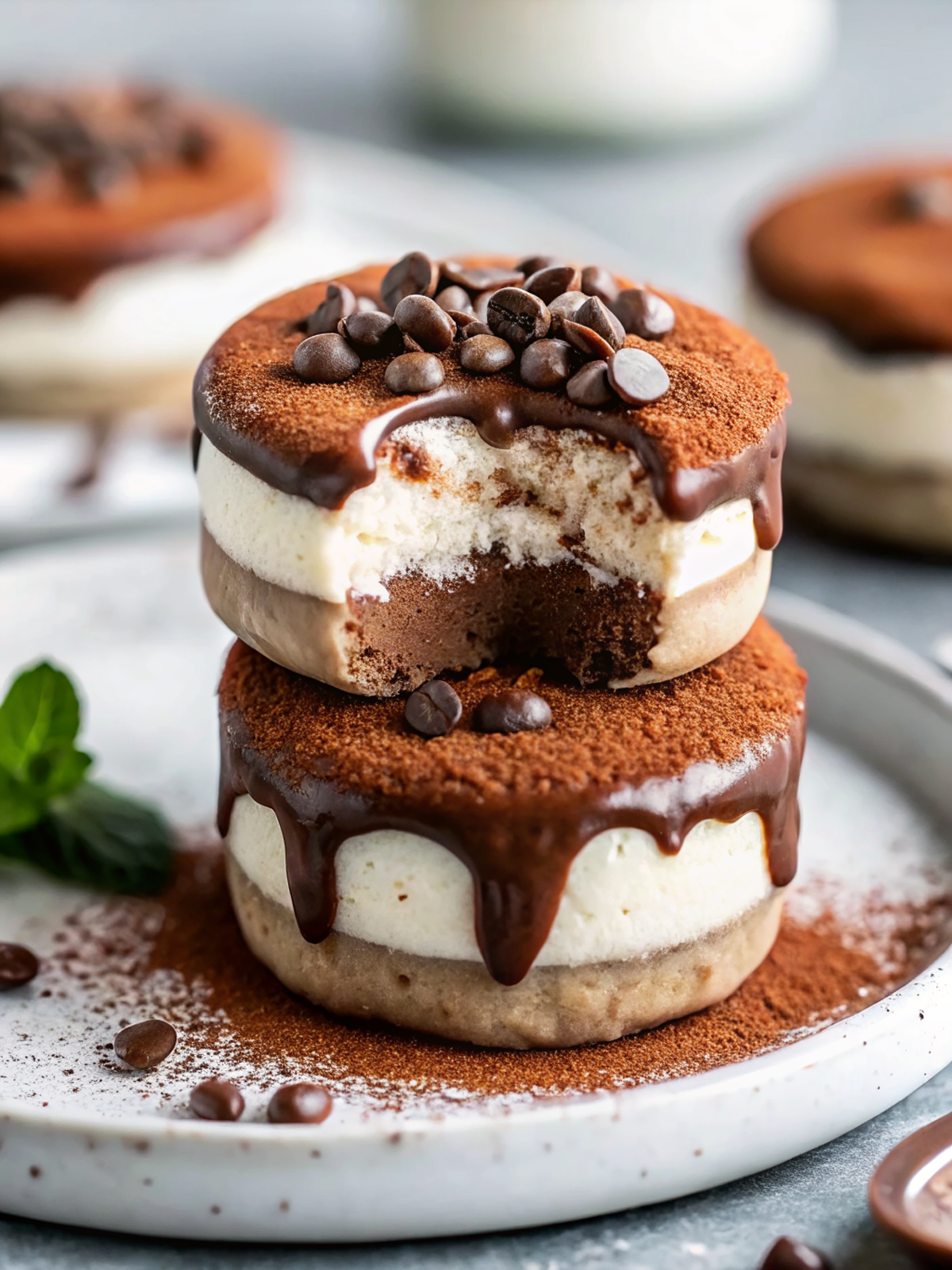 Finished raw vegan tiramisu bites on an elegant white plate, showing three distinct layers with a drizzle of dark chocolate on top