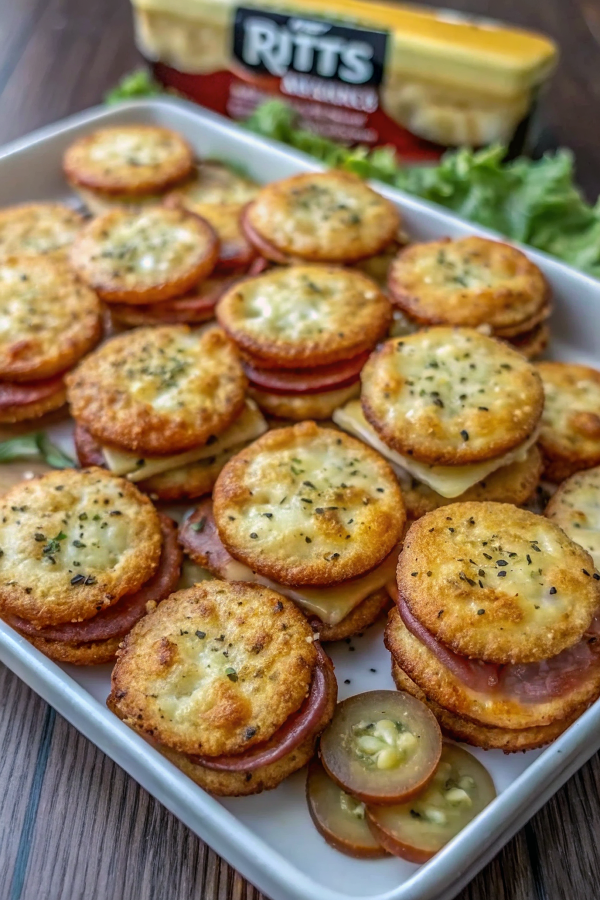 Golden-brown Ritz Cracker Party Sandwiches arranged on an elegant white serving platter, garnished with cornichon pickles and fresh herbs, ready to serve at a party